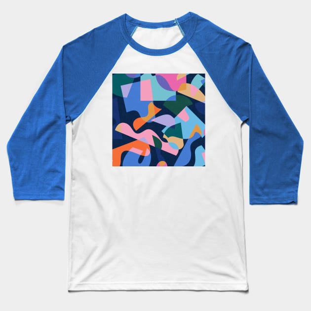 80's Summer Holiday Abstraction / Cut-Out Shapes on Navy Blue Baseball T-Shirt by matise